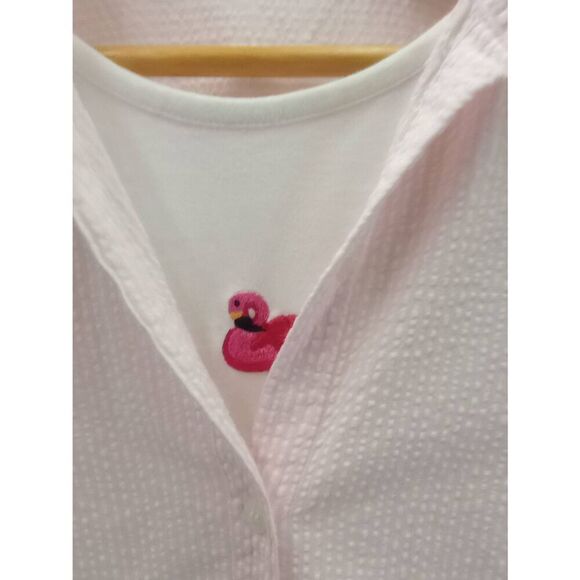 Victoria Jones double layered pink, pinstripe, flamingo, short sleeve, button do - Picture 4 of 6